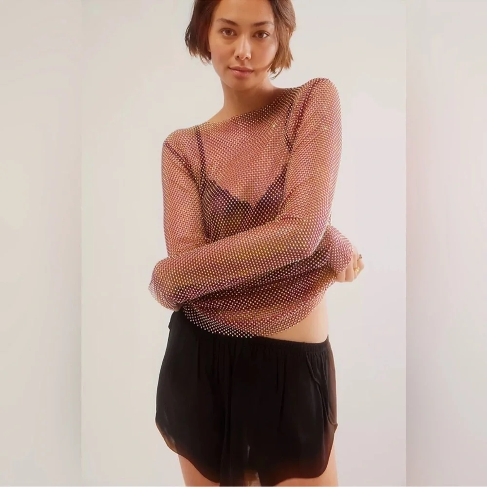 Free People intimately Filter Finish Ruby Red Long Sleeve Rhinestone Top
